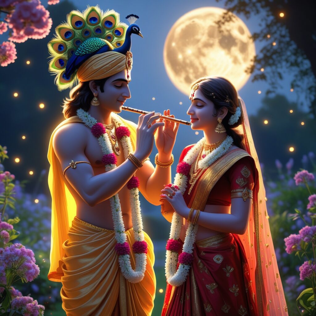 A romantic and divine scene of Radha and Krishna standing together in the lush gardens of Vrindavan.