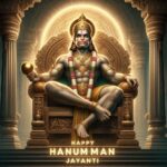 Majestic image of Lord Hanuman standing in front of the Ayodhya temple, holding a giant saffron flag with ‘Jai Shri Ram’ written on it. The temple is beautifully lit with diyas, and 'Happy Hanuman Jayanti' is displayed in golden festive text.