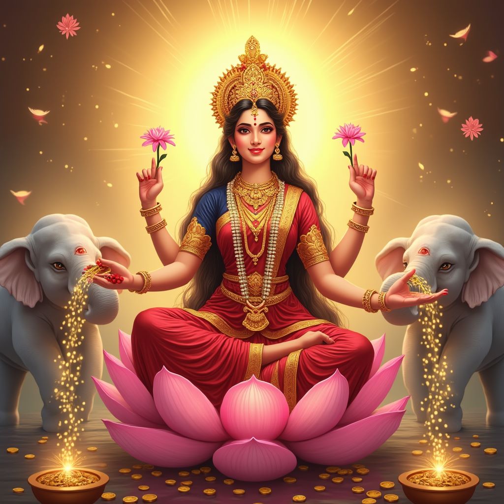 Traditional Hindu Goddess Lakshmi standing in a golden temple, dressed in a royal red saree, holding a lotus and showering gold coins.