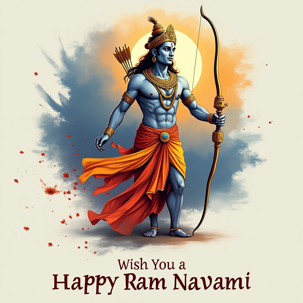 A high-quality Lord Rama festival image showcasing his divine warrior stance, with a quiver of arrows on his back, golden jewelry, and a traditional dhoti. The soft glow in the background enhances the spiritual theme. The text ‘Jai Shri Ram’ and ‘Happy Ram Navami’ are written in a festive font, making this perfect for Instagram, Facebook, and WhatsApp status updates.