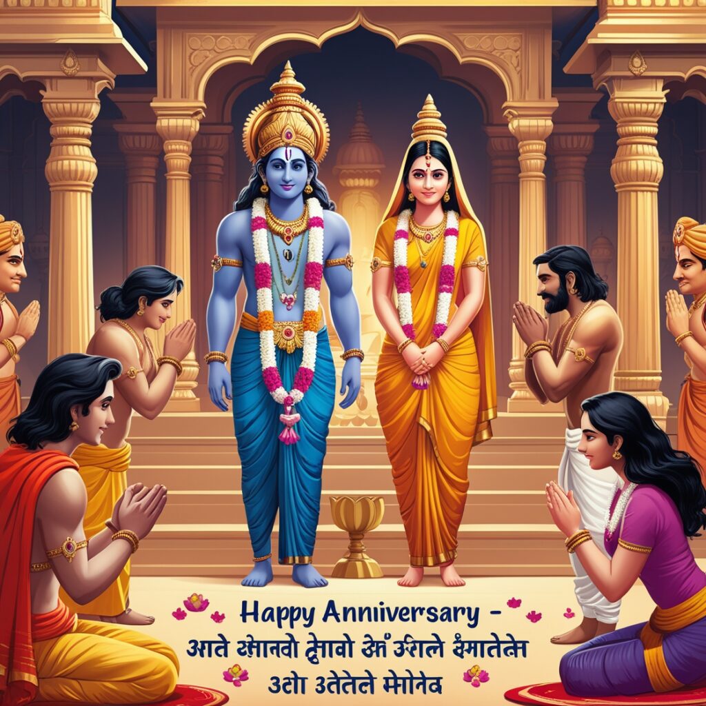 Lord Vishnu and Goddess Lakshmi seated on Adi Shesha, showering blessings on a married couple. The background features a grand Vaikuntha palace, golden light radiating around them, and lotus flowers floating in the air.