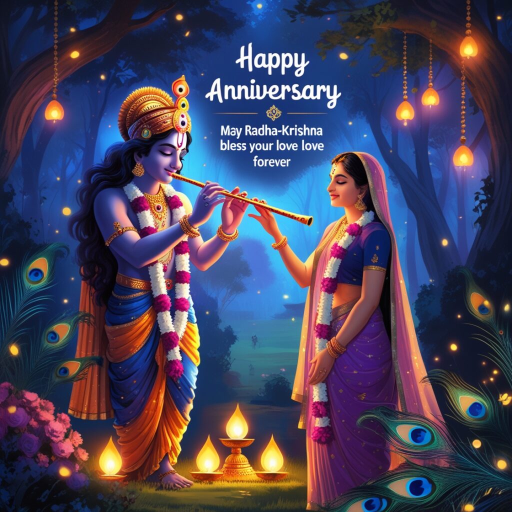 May Radha-Krishna’s divine love bless your marriage' appears in elegant golden lettering