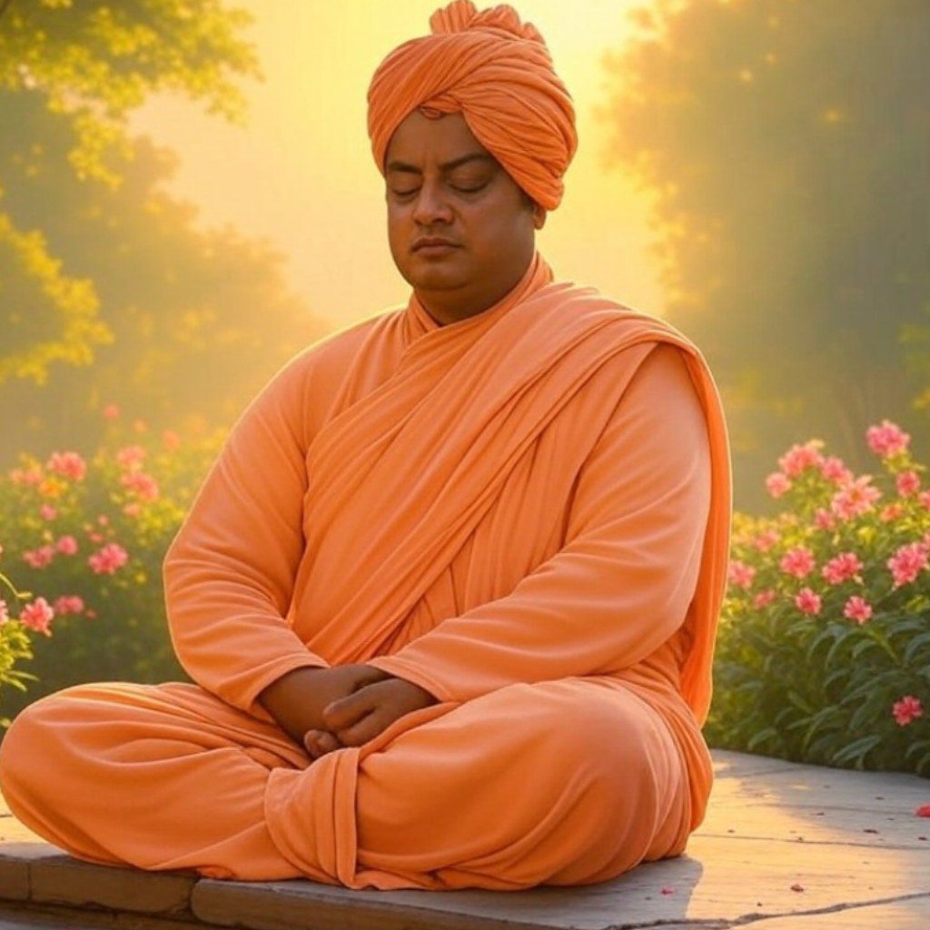 Swami Vivekananda meditating in saffron robes, symbolizing spiritual awakening and enlightenment