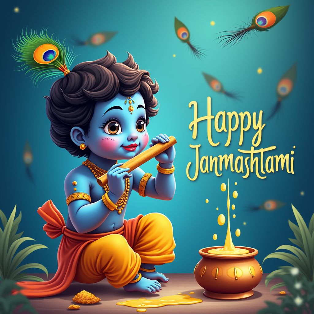 Baby Krishna sitting with an earthen butter pot, smiling mischievously while eating fresh homemade butter.
