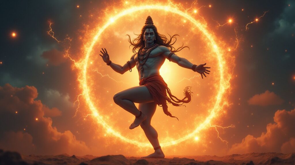 A symbolic 4K image of Lord Shiva’s trident (Trishul) standing tall with a mystical blue flame burning in the background, representing cosmic power and transformation – a divine Happy Monday spiritual wallpaper.
