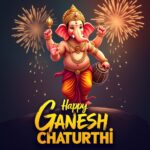 Family celebrating Ganesh Chaturthi at home with decorated idol, flowers, sweets, and prayers