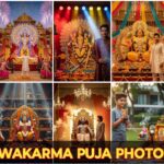 A realistic 8K Vishwakarma Puja festival scene in India showing a boy named Rajan worshipping his jeep, a girl named Anupama performing Puja for her vehicle, a farmer offering prayers to his tractor, a mechanic celebrating Puja in his garage, and office staff worshipping computers, all decorated with flowers, garlands, incense, and diyas