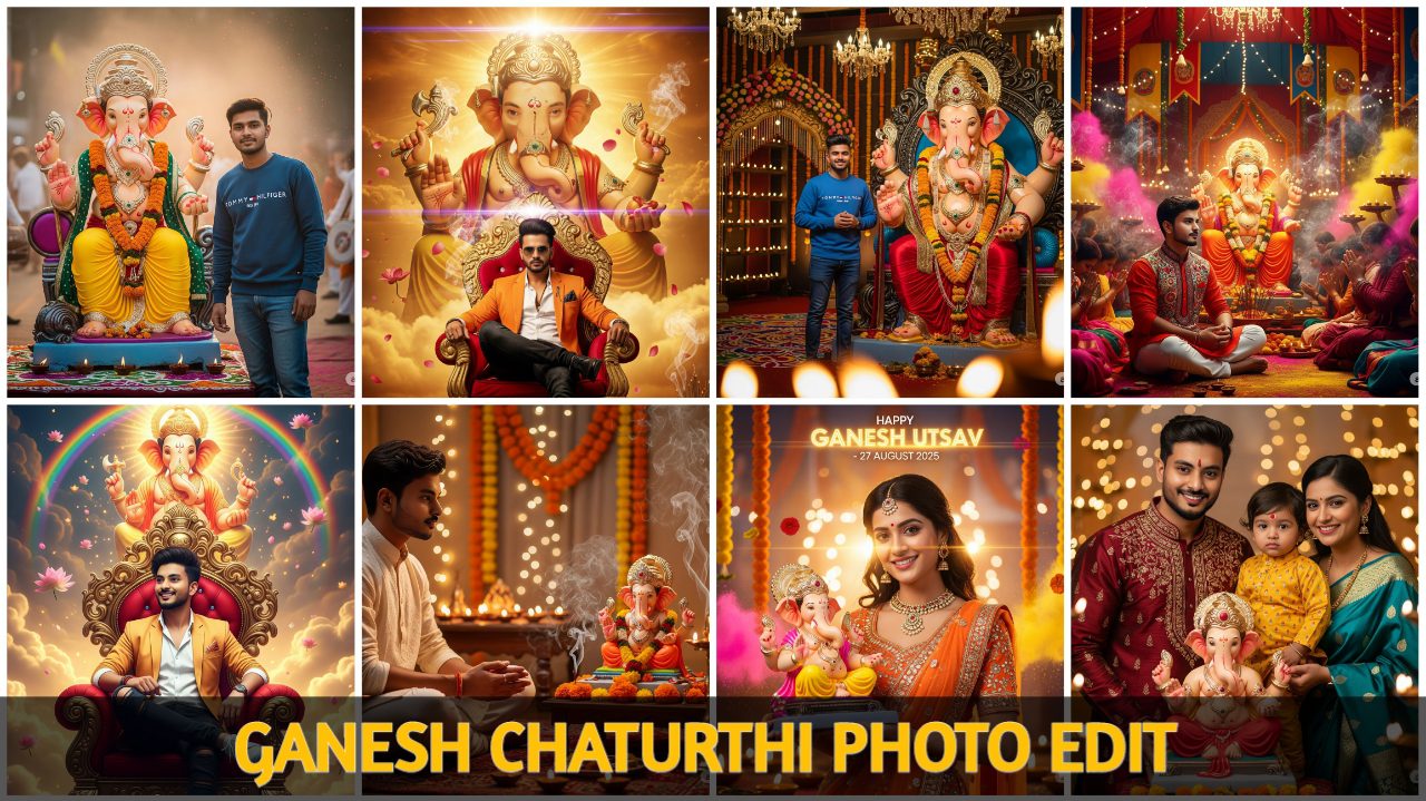 Ganesh Chaturthi AI image prompt – Create Lord Ganesha photo with festive decorations, diyas, marigold flowers, and divine aura.