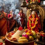 Brass plate with new rice and flowers offered to Goddess Samaleswari during Nuakhai Juhar in Odisha.