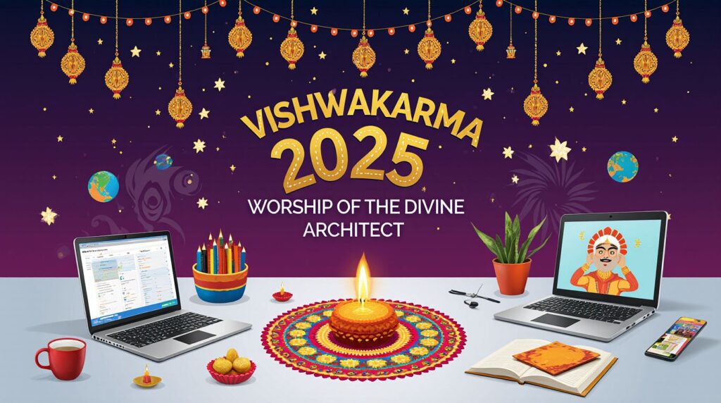 Social media friendly puja greeting with Lord Vishwakarma illustration.