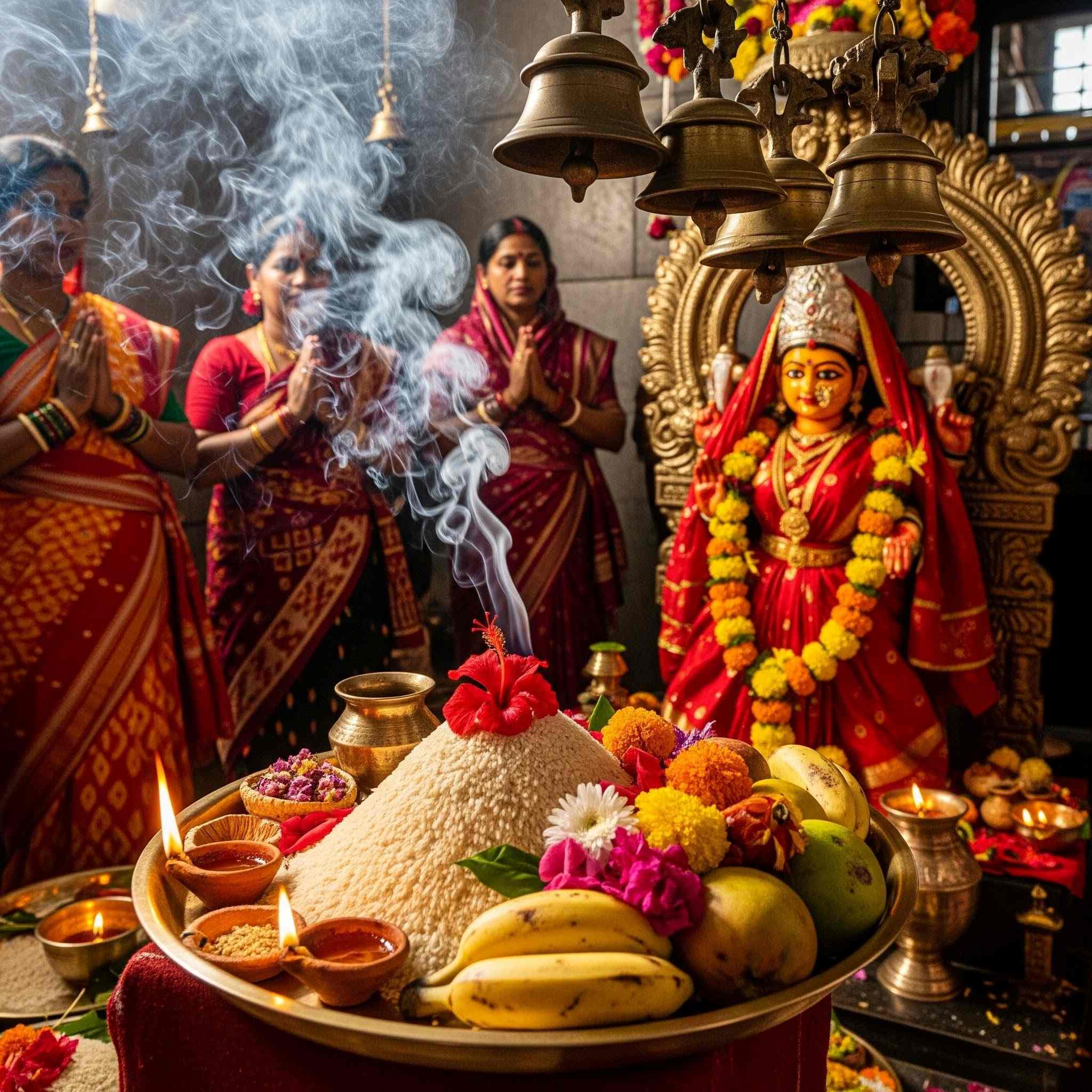 Brass plate with new rice and flowers offered to Goddess Samaleswari during Nuakhai Juhar in Odisha.