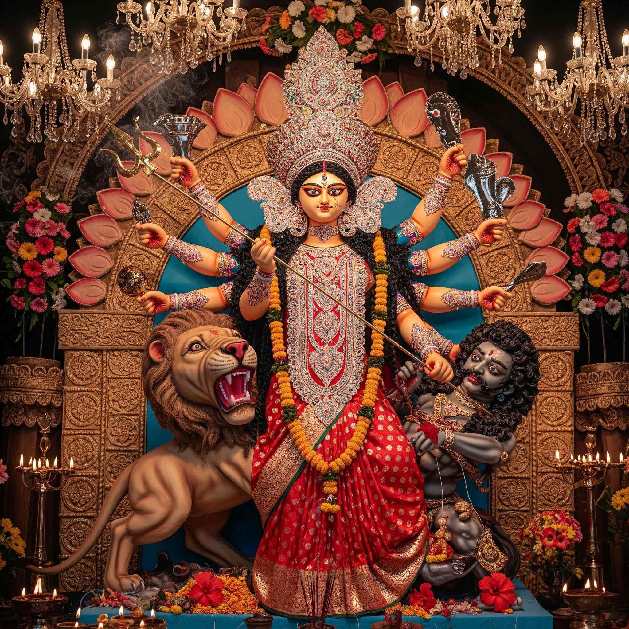 Devotees in traditional attire offering flowers to Goddess Durga during Pushpanjali ritual inside a decorated Durga Puja pandal in Kolkata.