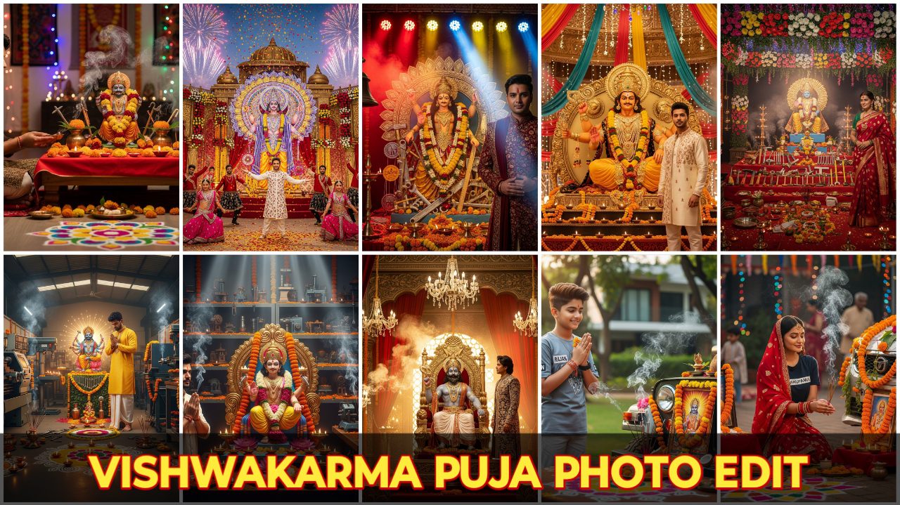 A realistic 8K Vishwakarma Puja festival scene in India showing a boy named Rajan worshipping his jeep, a girl named Anupama performing Puja for her vehicle, a farmer offering prayers to his tractor, a mechanic celebrating Puja in his garage, and office staff worshipping computers, all decorated with flowers, garlands, incense, and diyas