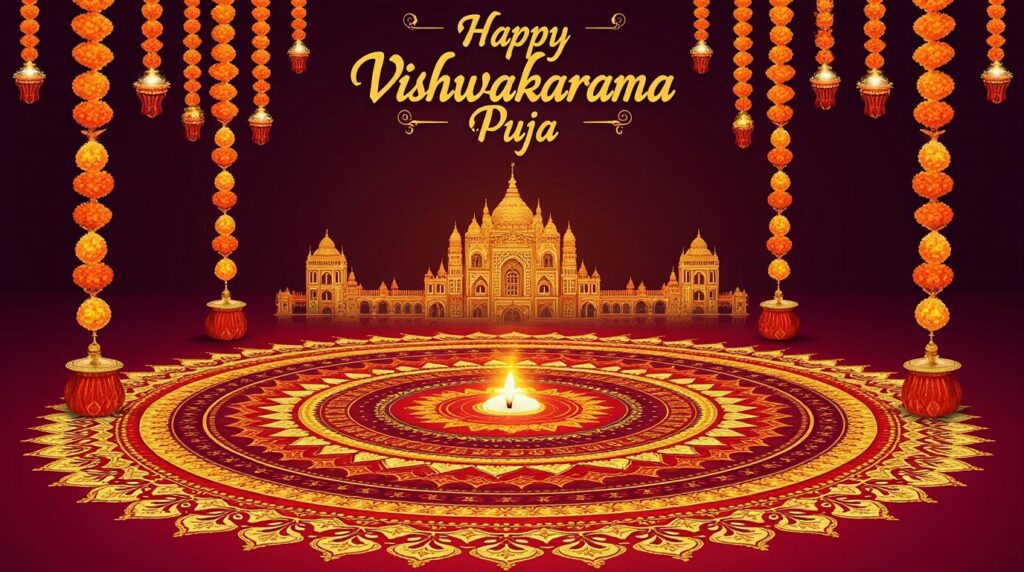 Elegant dark background with diya lamps for Vishwakarma Puja status.