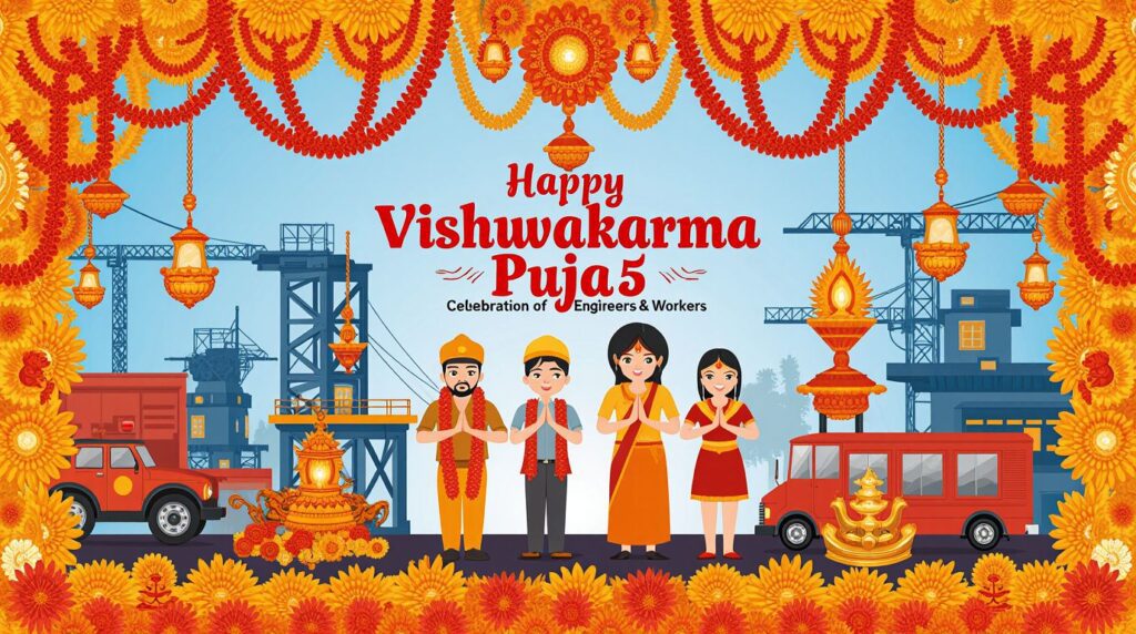 Digital banner with bright background and text “Happy Vishwakarma Puja 2025”.