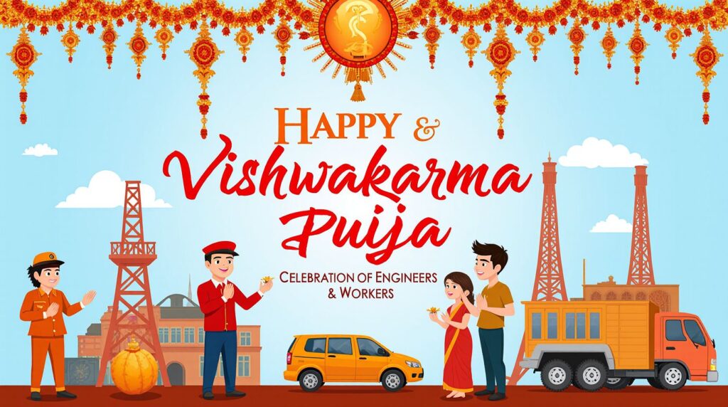 Workplace safety poster with Lord Vishwakarma blessing workers and machines.
