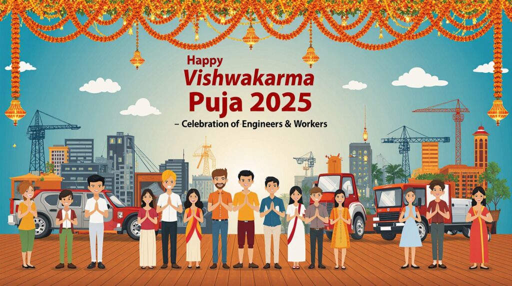 Poster featuring Lord Vishwakarma with divine aura for Vishwakarma Jayanti.