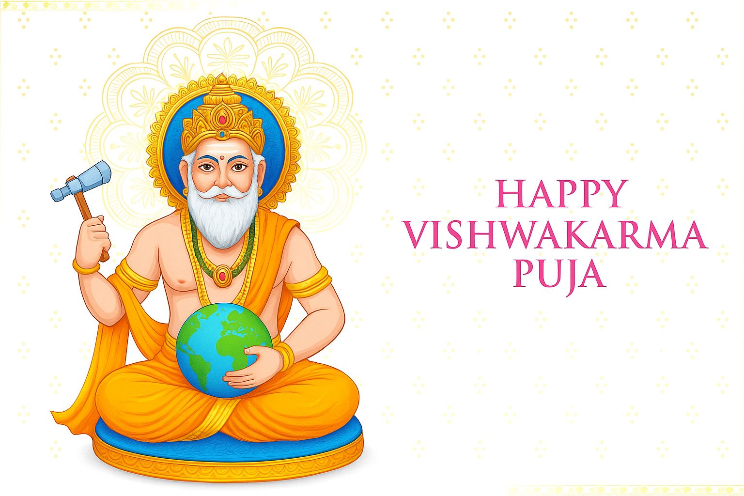 Illustration showing Lord Vishwakarma blessing workers, engineers, and artisans during Vishwakarma Puja celebration.