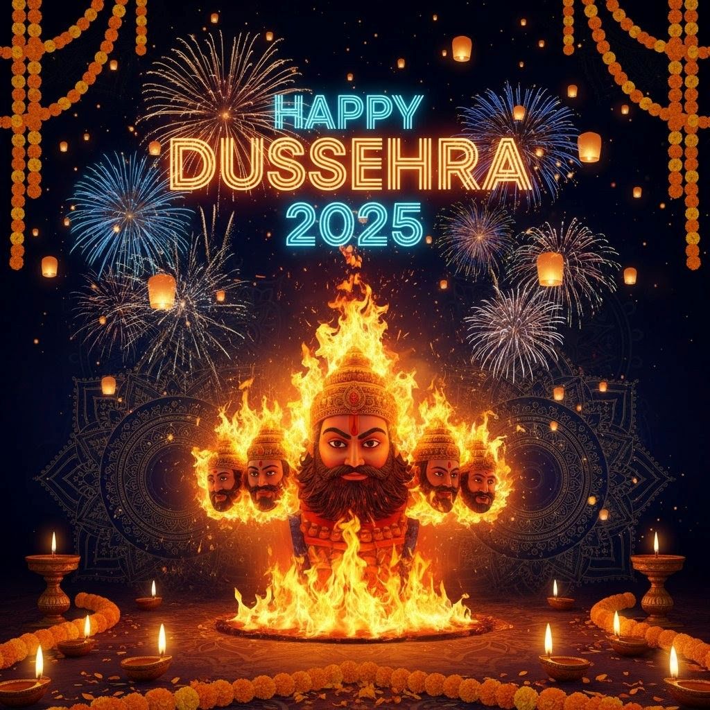 Abstract glowing background with Lord Rama’s silhouette, diya lamps, mandala patterns and Happy Dussehra wishes.