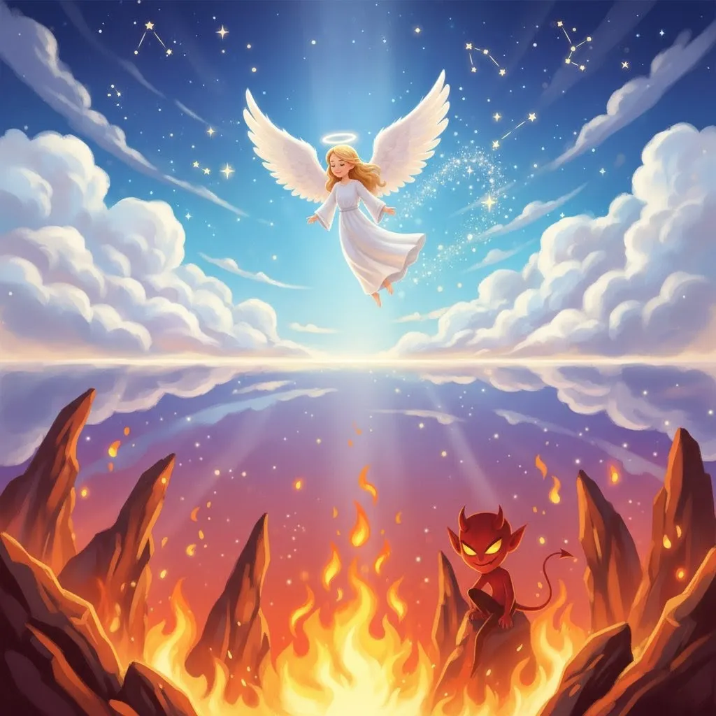 Fantasy sky with angel above and devil below in magical colors