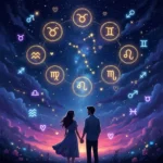 Romantic couple holding hands under zodiac constellations with glowing astrology symbols in the night sky