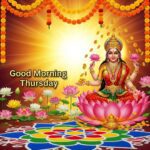 Maa Lakshmi sitting on lotus with blessings, golden background, text “Good Morning Thursday” and “शुभ गुरुवार”