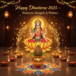 Goddess Lakshmi sitting on lotus with gold coins, diyas, kalash, and rangoli for Dhanteras 2025