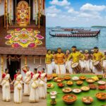 Onam festival celebration in Kerala with floral rangoli, snake boat race, traditional dance, Pulikali tiger dance, and Onam Sadhya feast.
