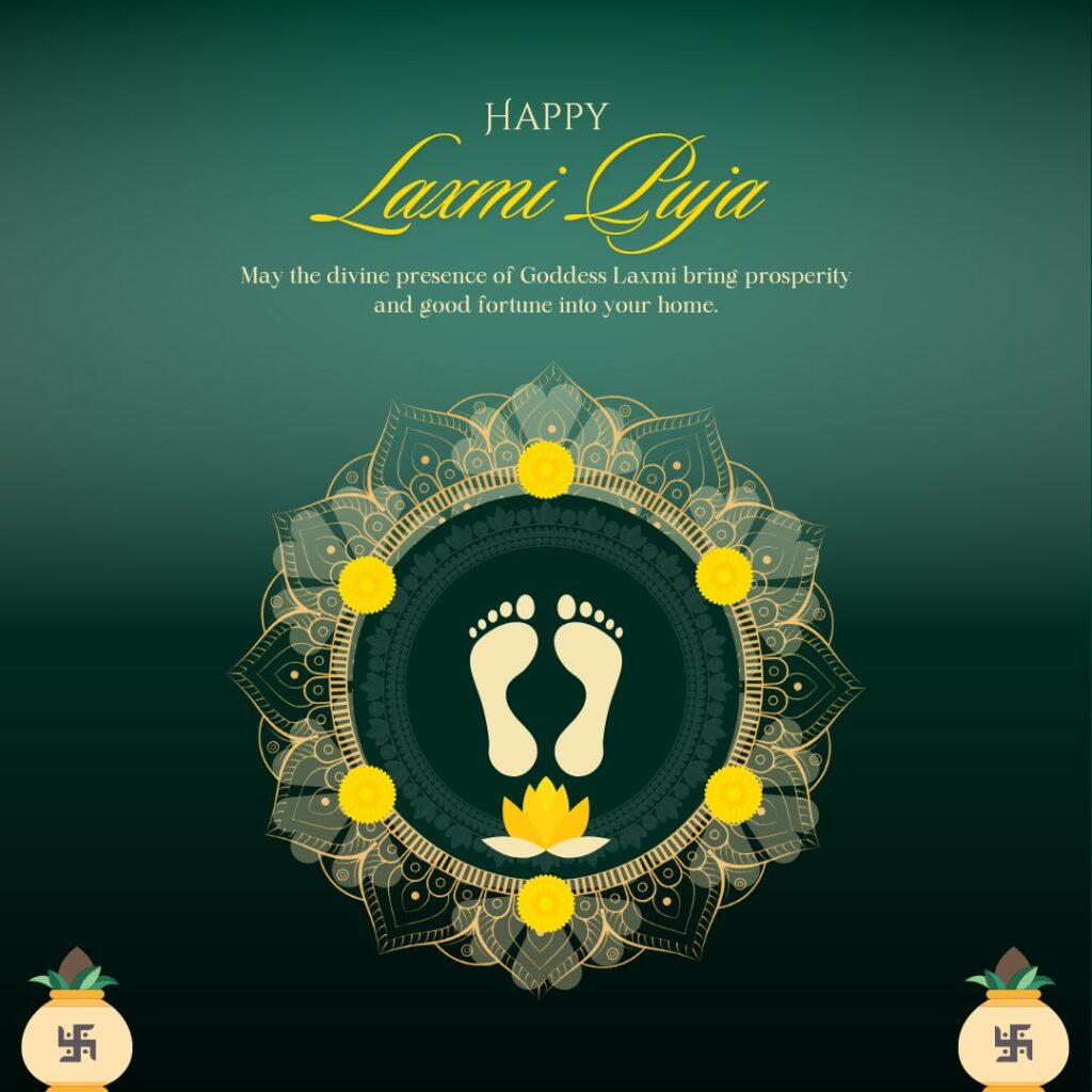 Festive greeting card with Lakshmi Maa, diyas, lotus, and golden background – Lakshmi Puja wishes photo.