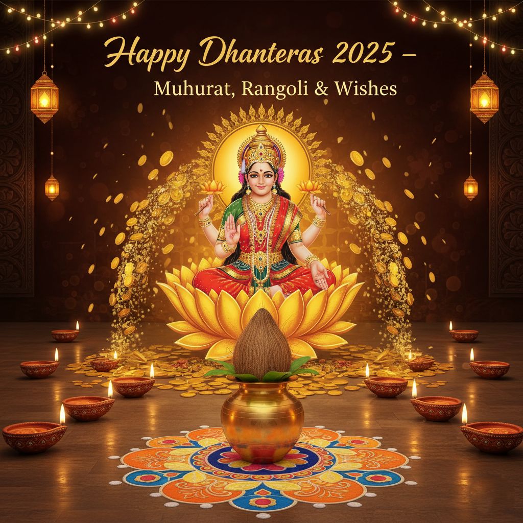 Goddess Lakshmi sitting on lotus with gold coins, diyas, kalash, and rangoli for Dhanteras 2025