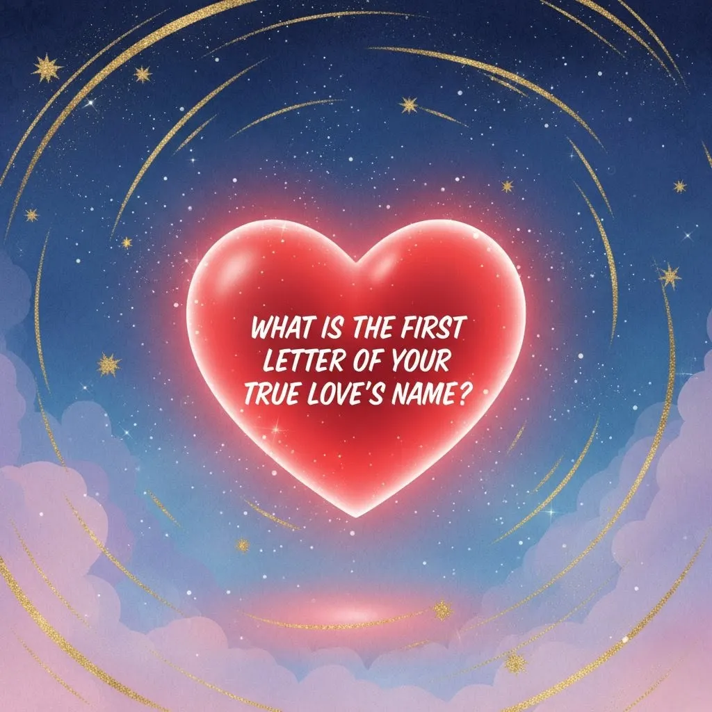 Quiz cover image showing glowing heart in starry sky with title What Is The First Letter Of Your True Love’s Name