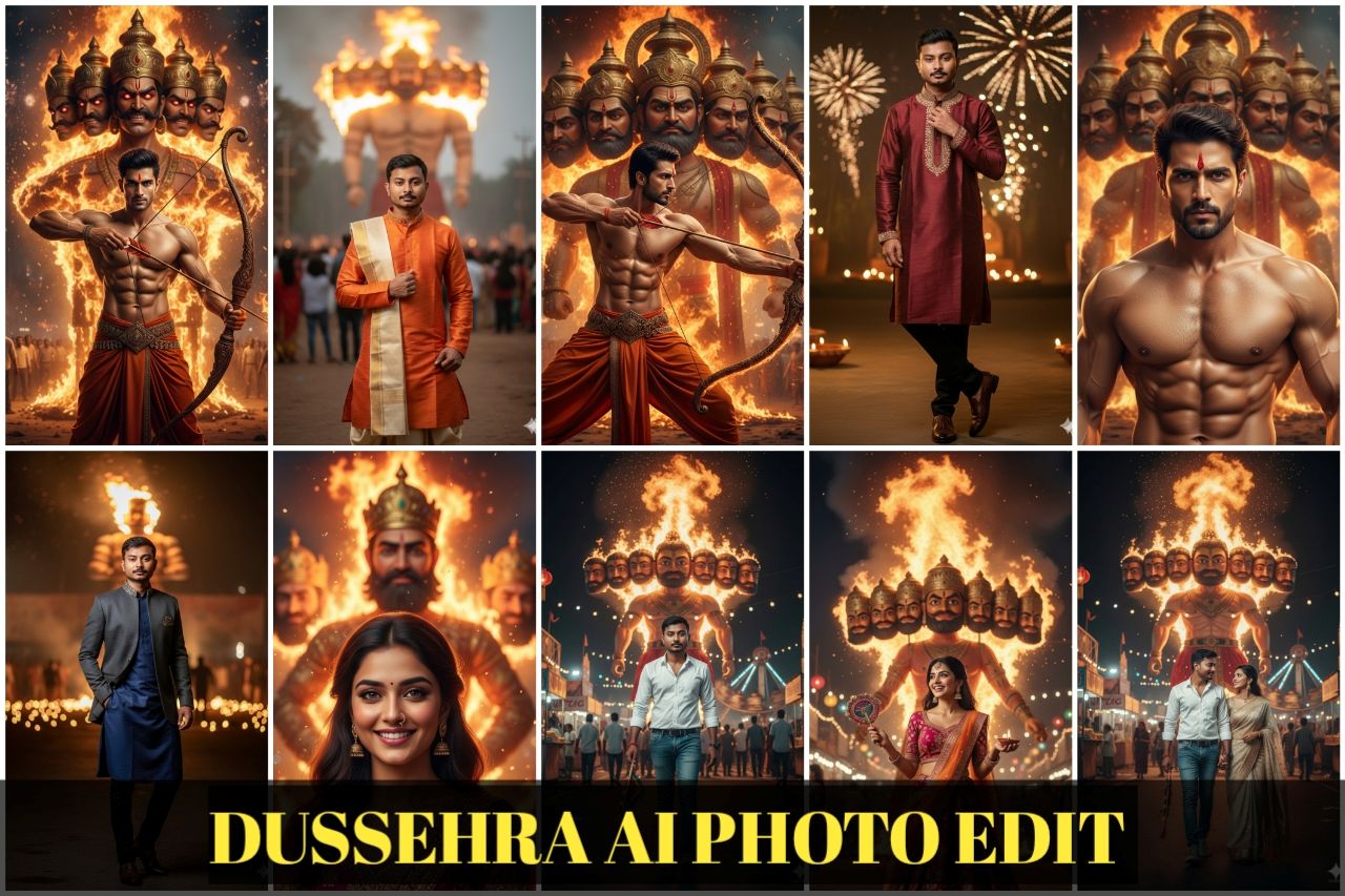 Dussehra 2025 AI photo edit of Lord Rama defeating Ravana using Gemini Pro, Nano Banana prompts, ChatGPT image prompt and Seedream 4.0