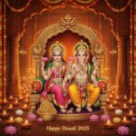Maa Lakshmi and Lord Ganesha performing Diwali Puja with diyas and flowers